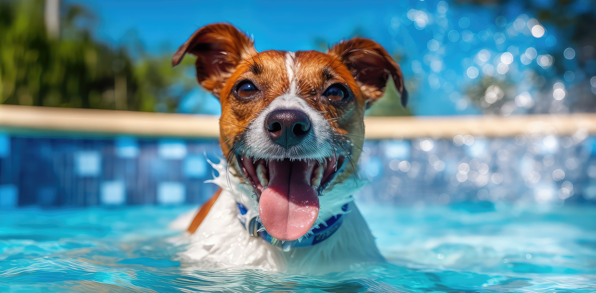 Dog excited to be in swimming pool